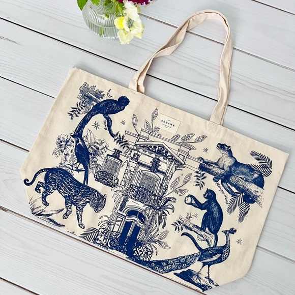 Sezane Handbags - Sèzane Paraiso Creme and Blue Tote Bag